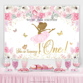 Lofaris Pink Floral Glitter Butterfly Happy 1st Birthday Backdrop